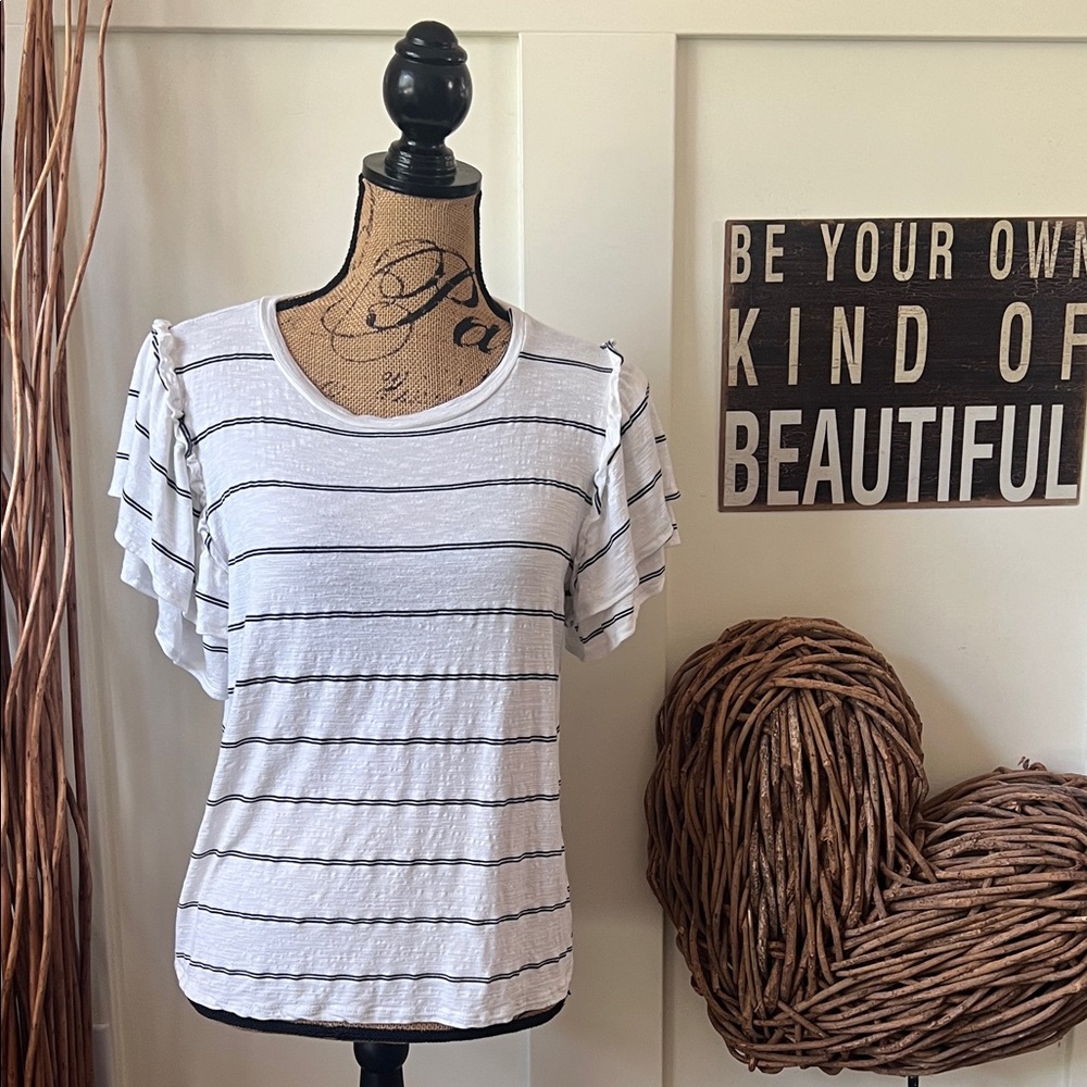 Green Envelope Striped White and Black Ruffled Sleeve Women's Top